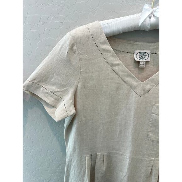 LAURA ASHLEY | Linen V-Neck Short Sleeve Midi Dress Beige Y2K | Size 6 - Picture 5 of 10